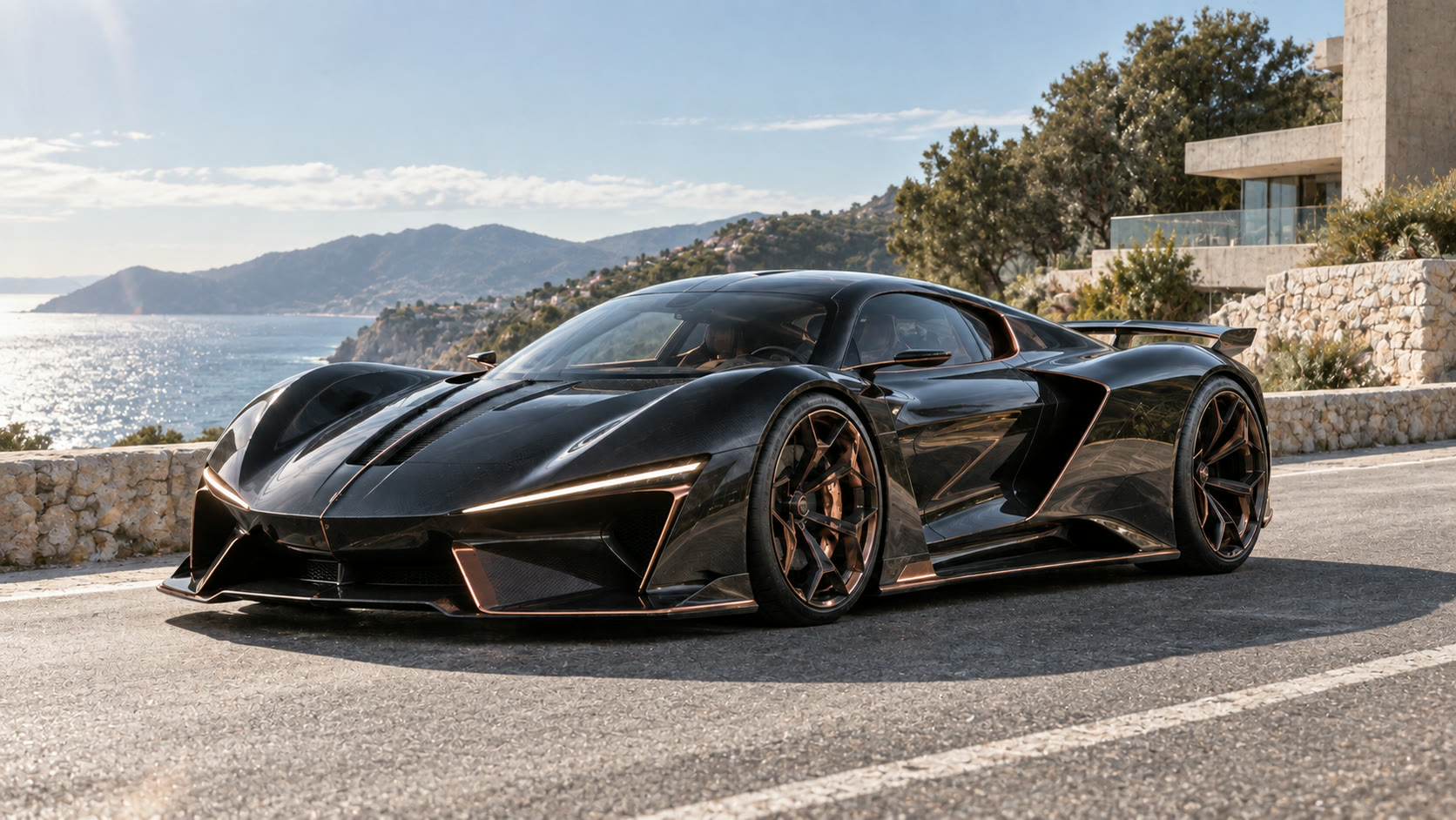 A black hypercar on a coastal road above the sea