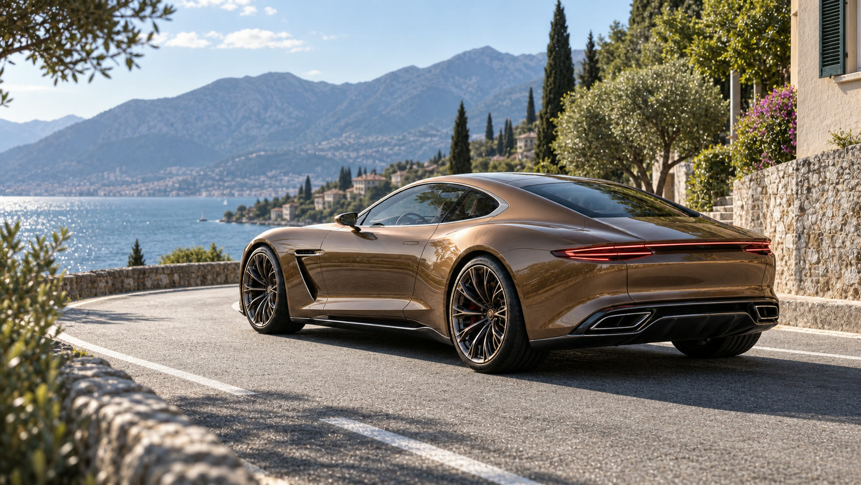 Bronze grand tourer on a Mediterranean coast road