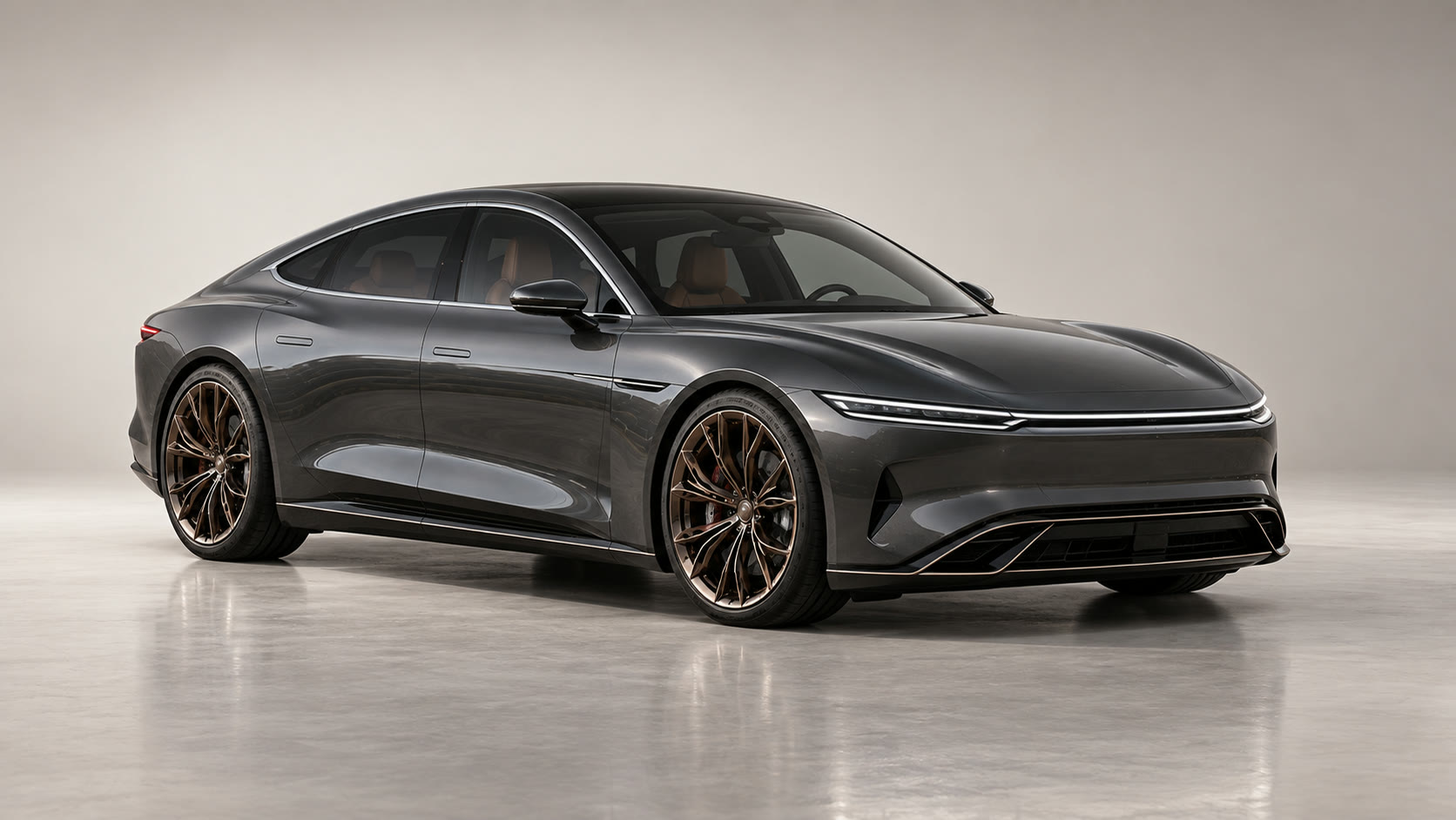 Graphite electric saloon in a pale studio
