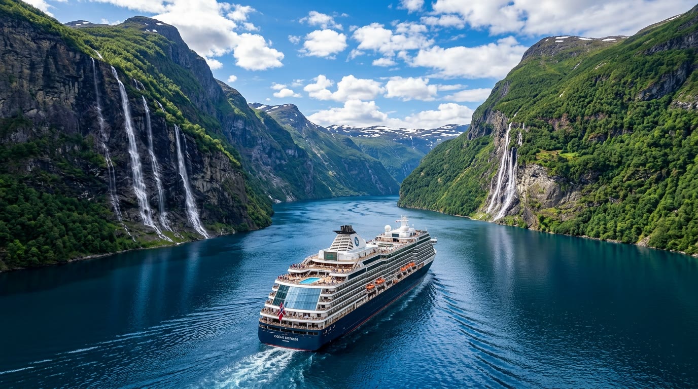 Expedition ship in a Norwegian fjord between steep green walls