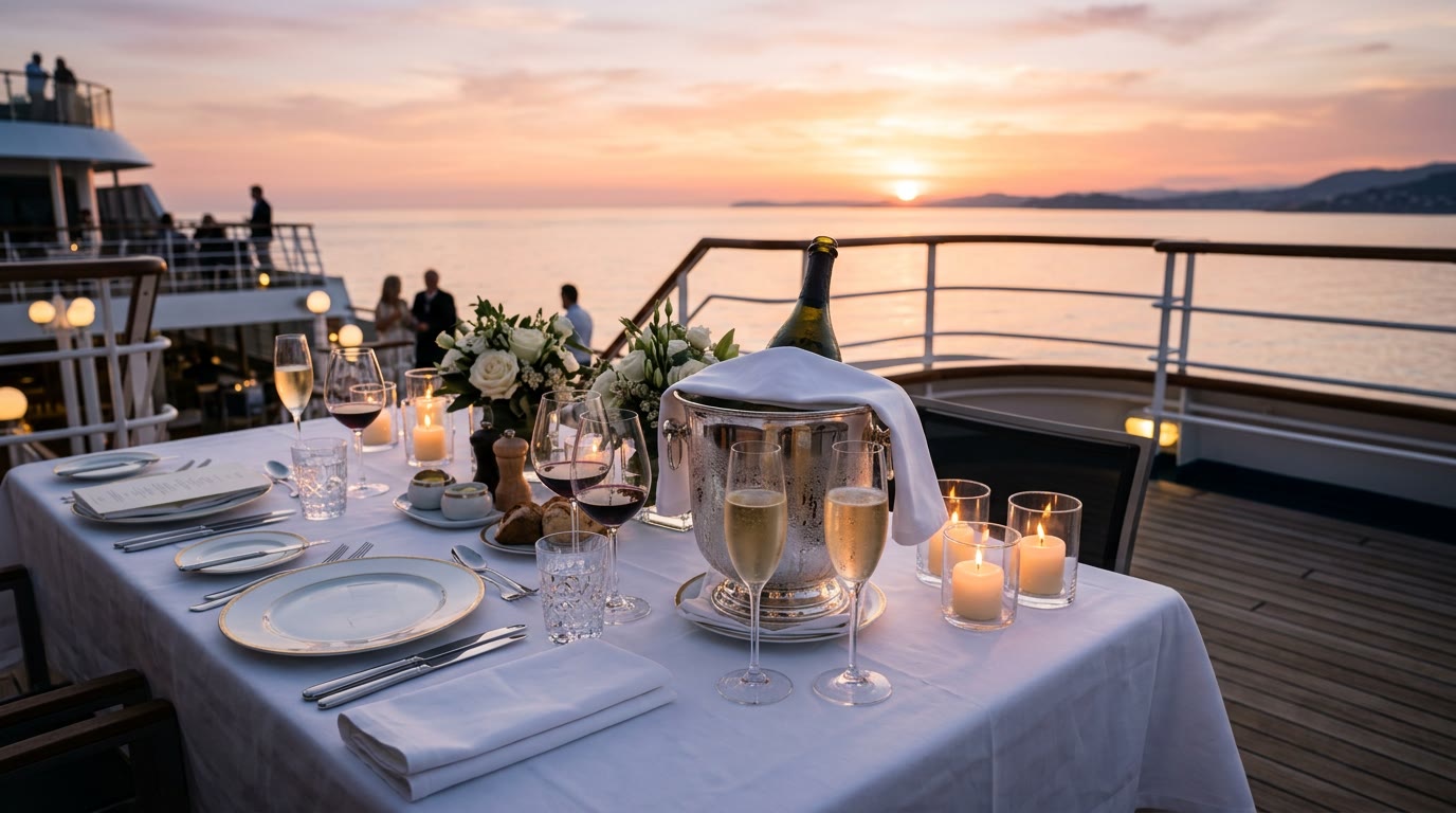 Dinner table set on deck at sunset
