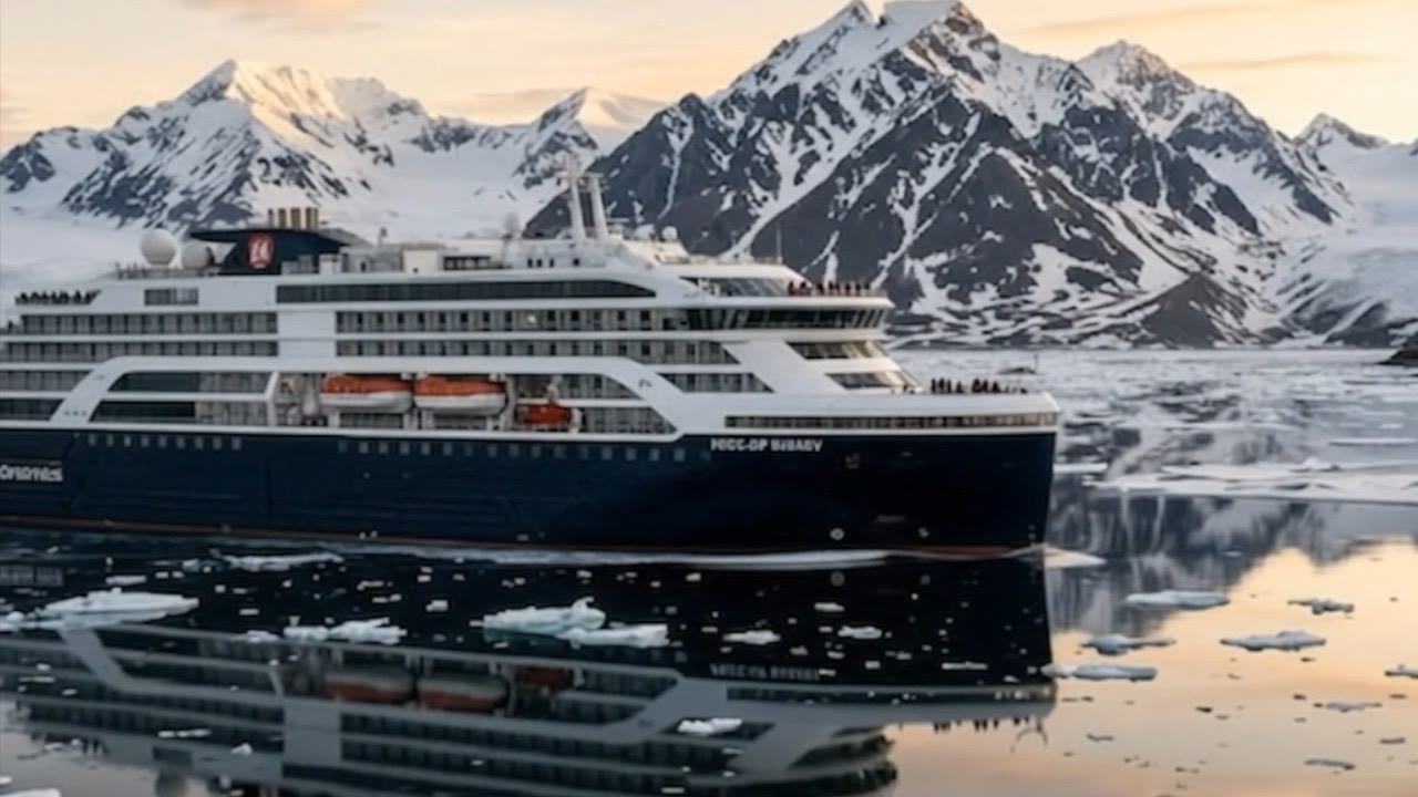 Expedition ship among ice beneath snowy peaks