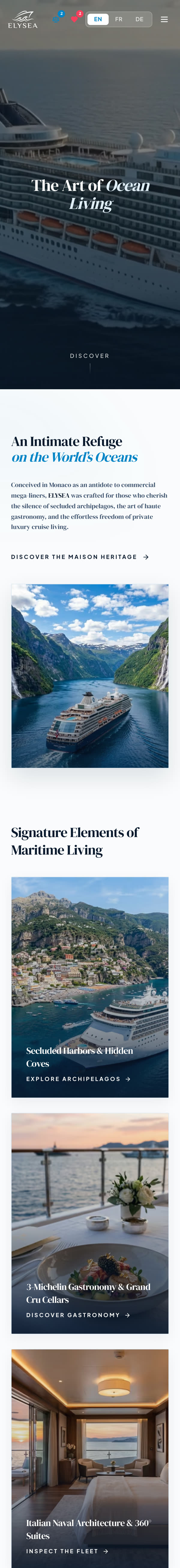 ElySea Cruise website on a phone, scrolling through the home page