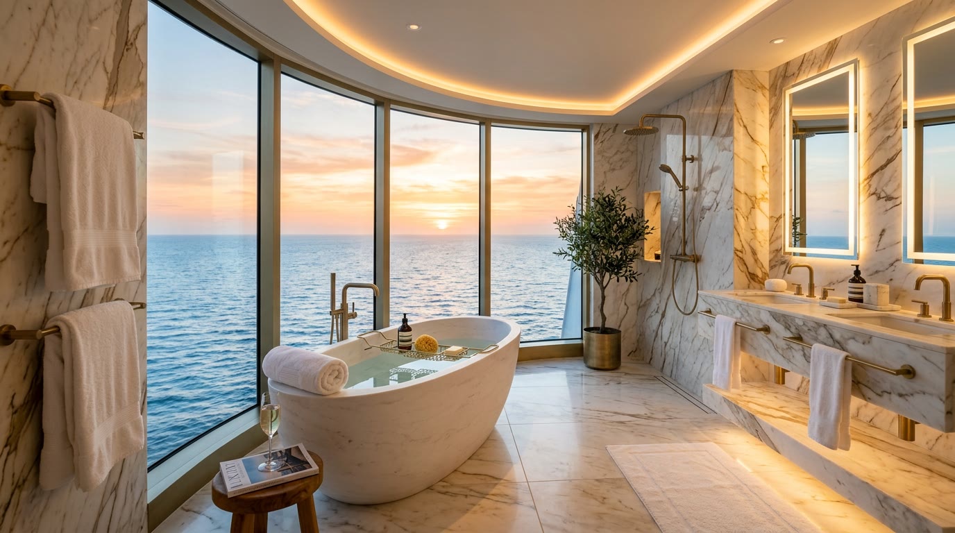 Marble bathroom with a freestanding tub facing the sea