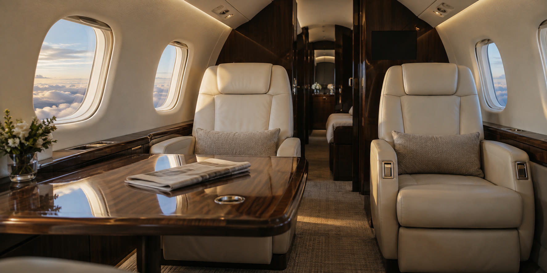 Cream leather seats in a private jet cabin
