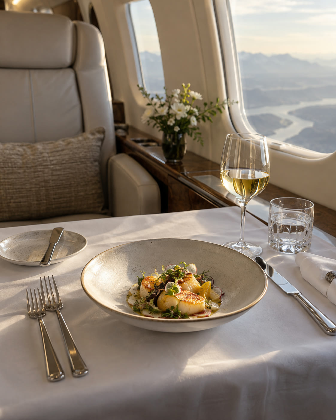 Plated meal served at a cabin window