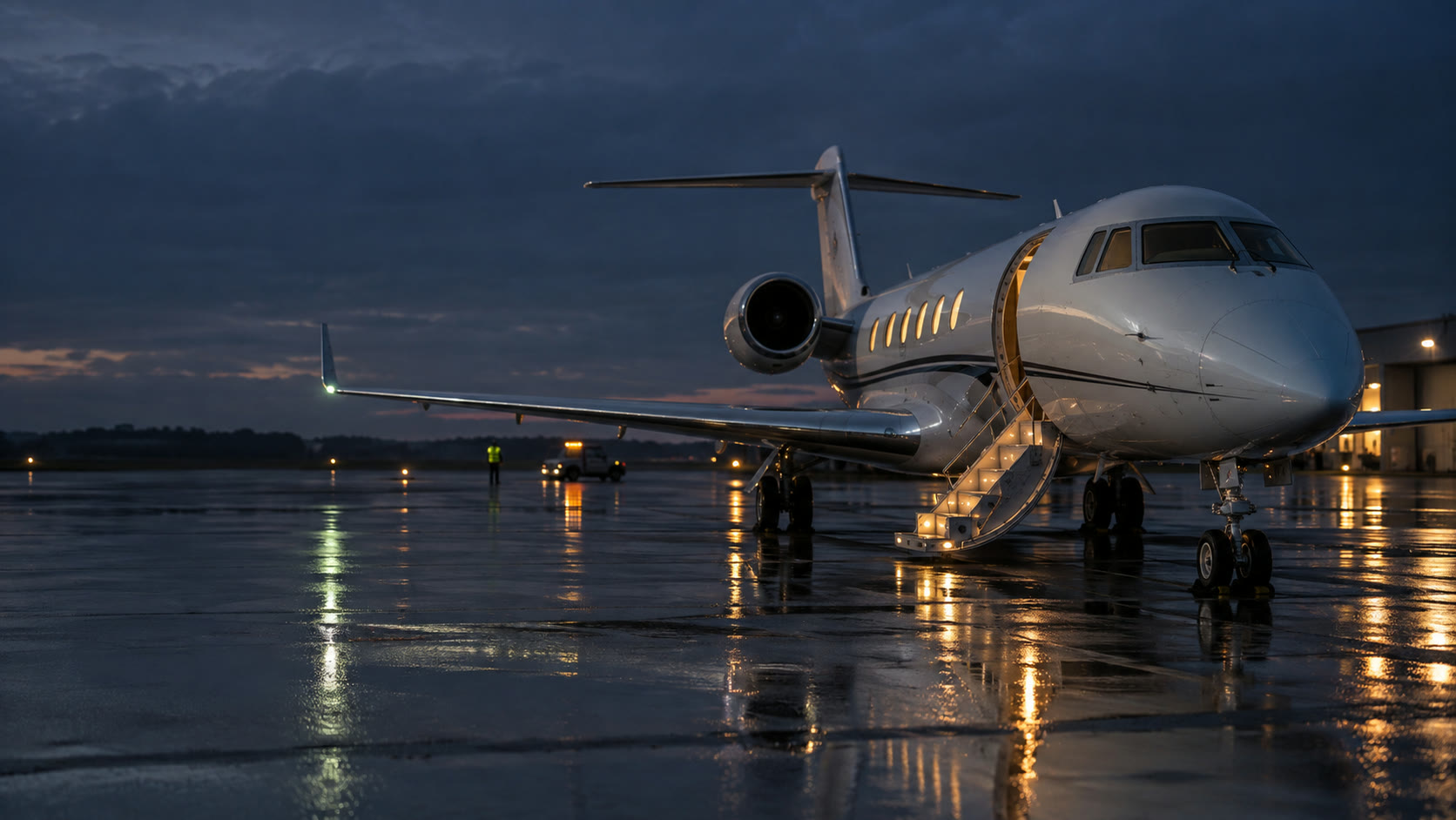 Private jet on a wet apron at blue hour, stairs lowered