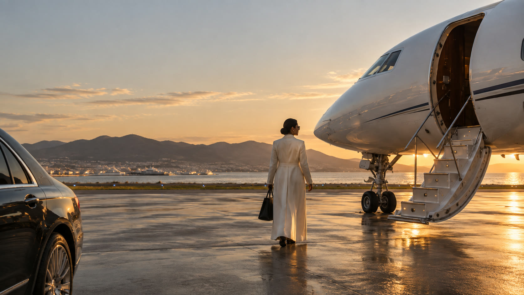 A traveller walking toward a private jet on the apron at sunset