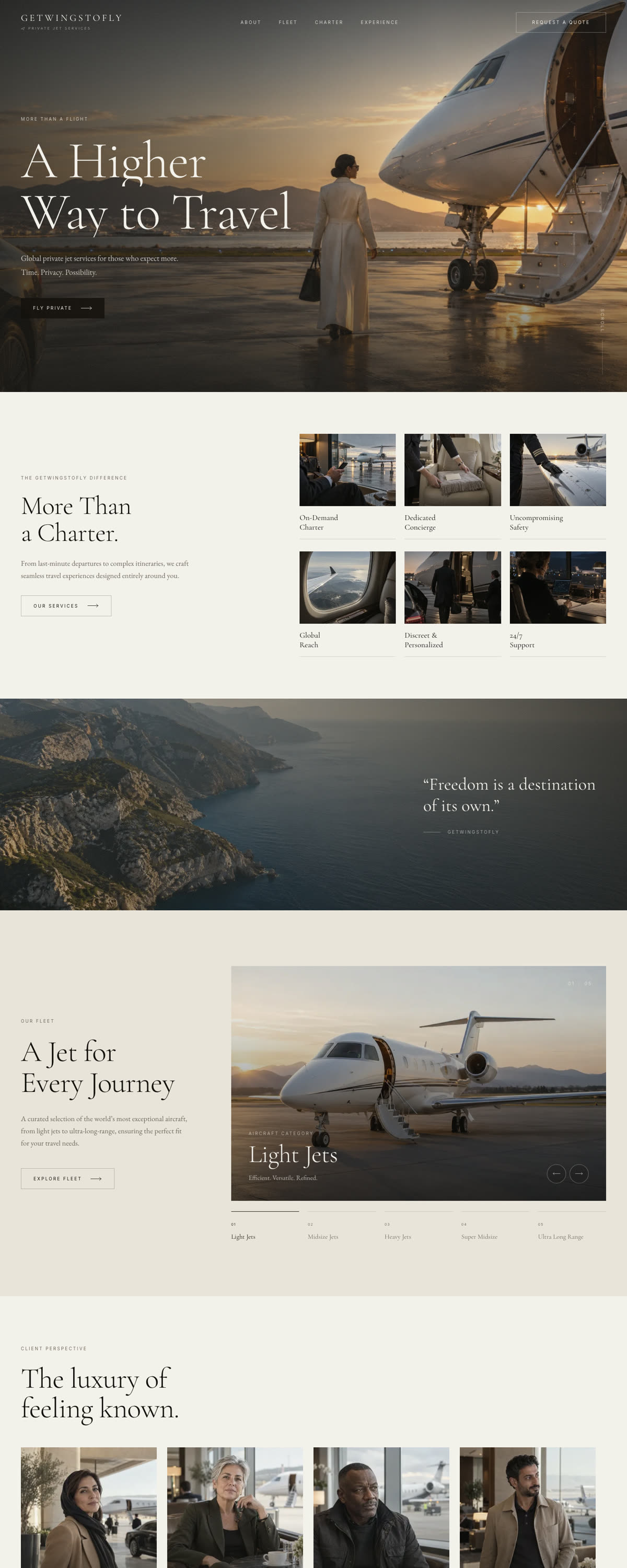 GetWingsToFly website on desktop, scrolling through the home page