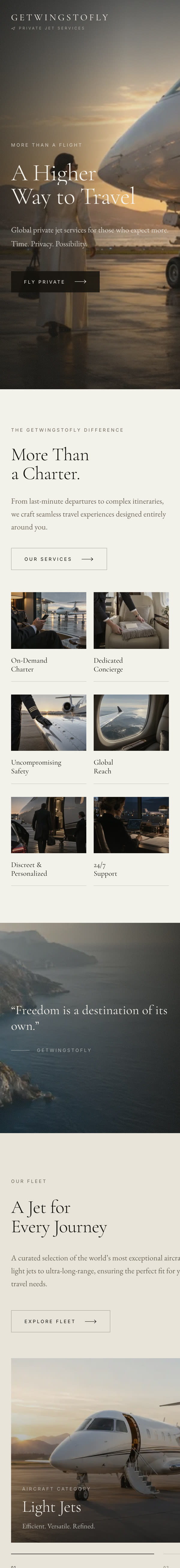 GetWingsToFly website on a phone, scrolling through the home page