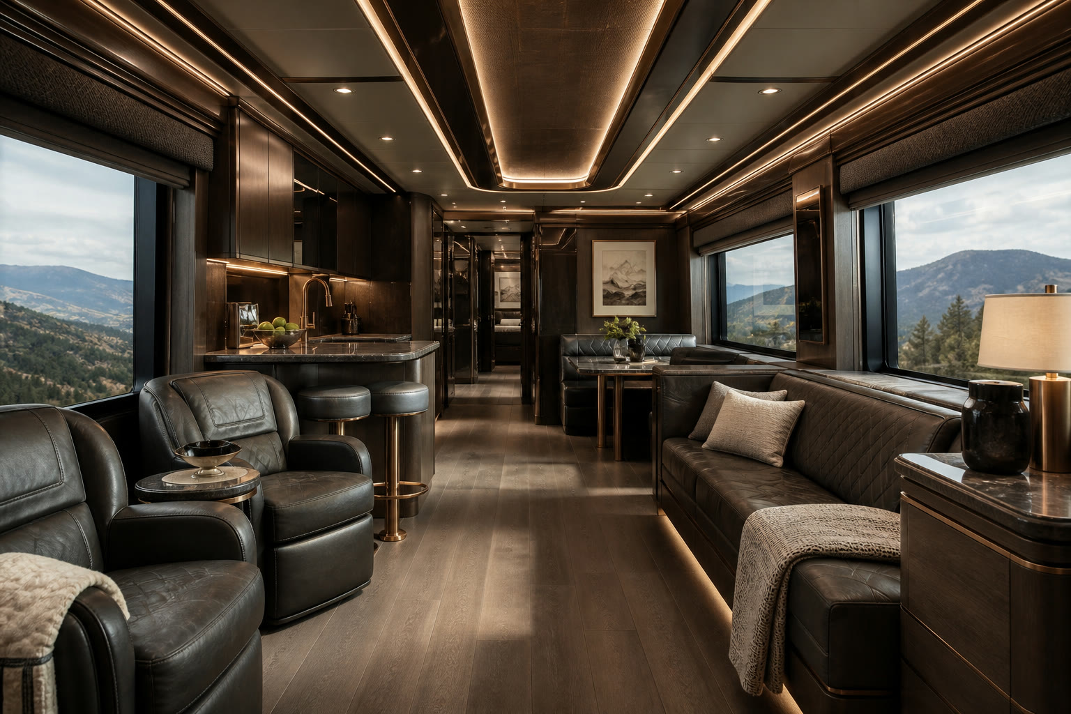 Coach interior with leather lounge seating and a timber floor