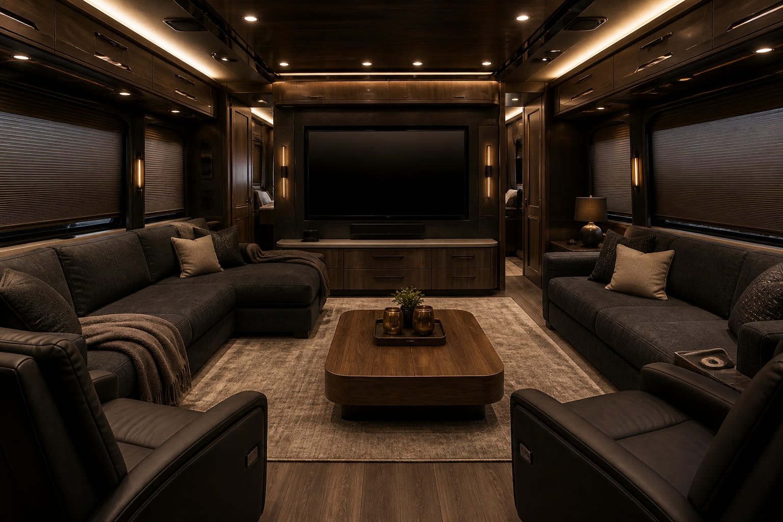 Rear lounge with sofa, coffee table and screen