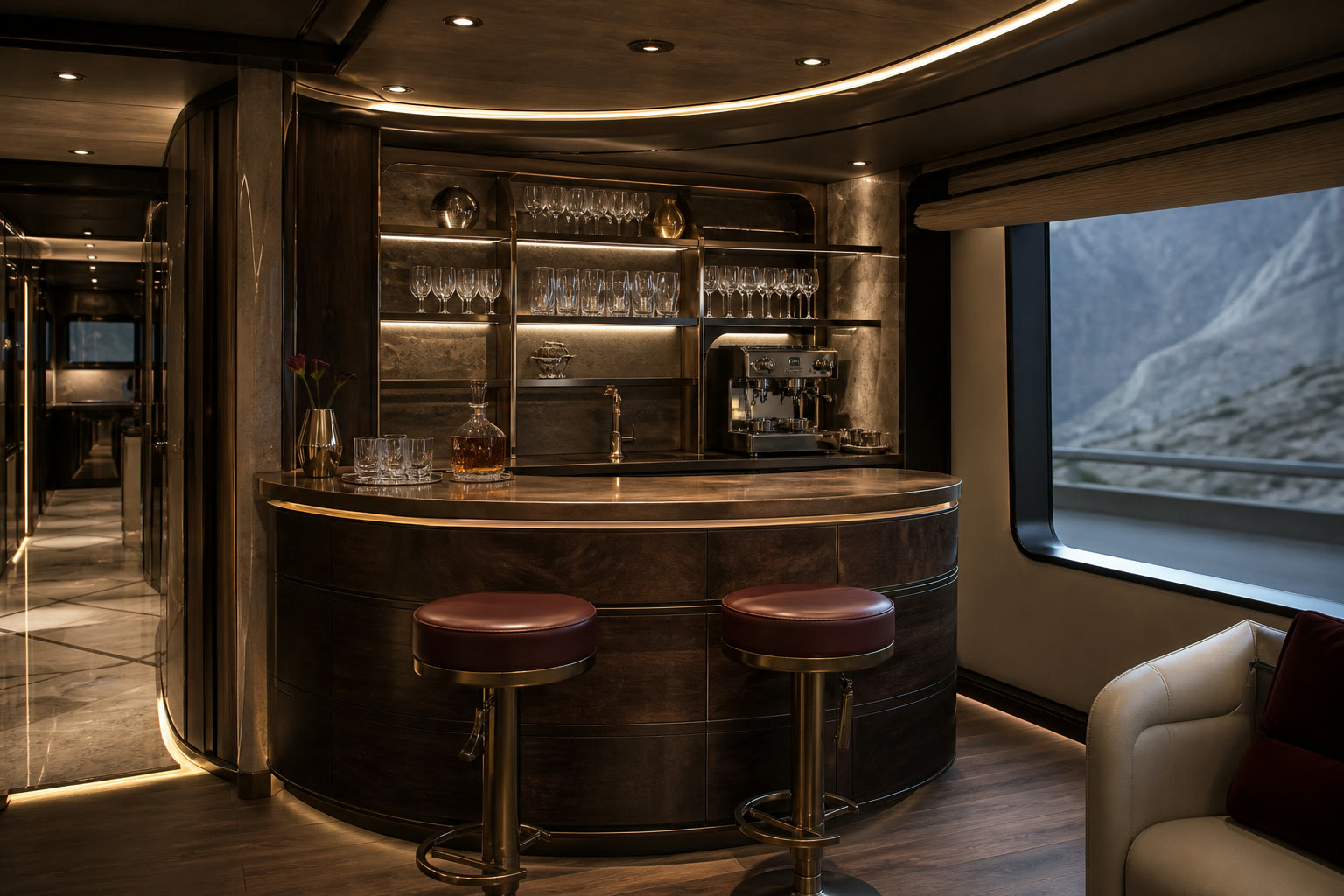 Onboard bar with warm lighting