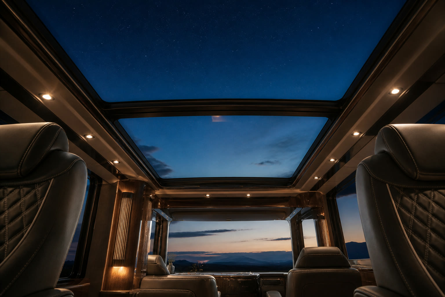 Glass roof over reclining seats at twilight