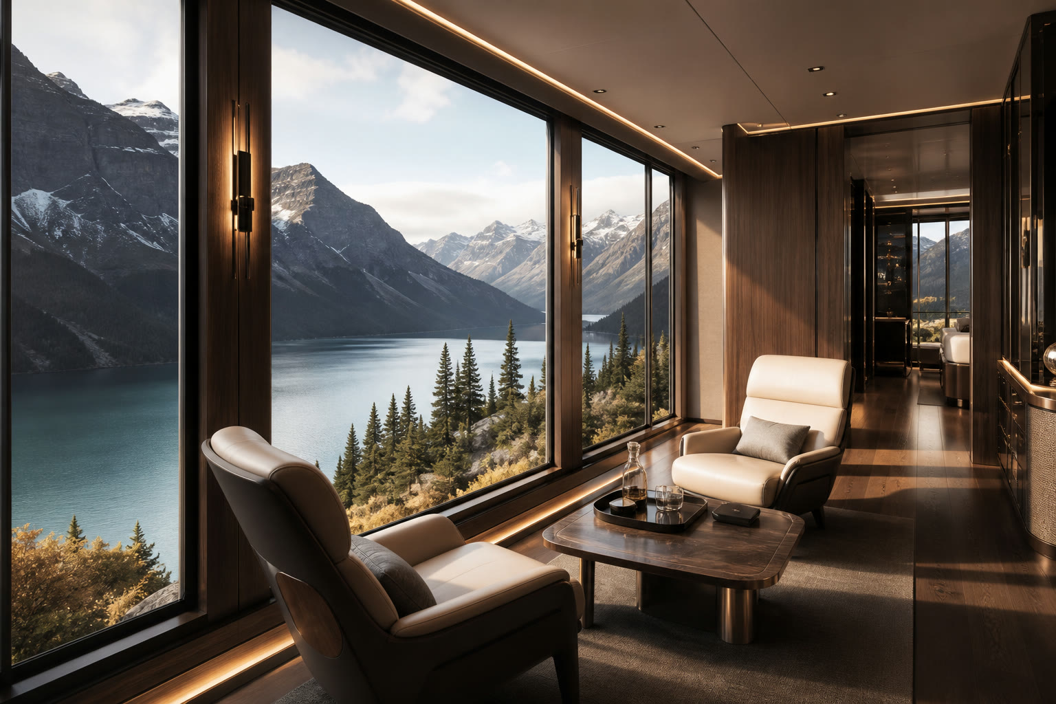 Panoramic windows along a lounge cabin