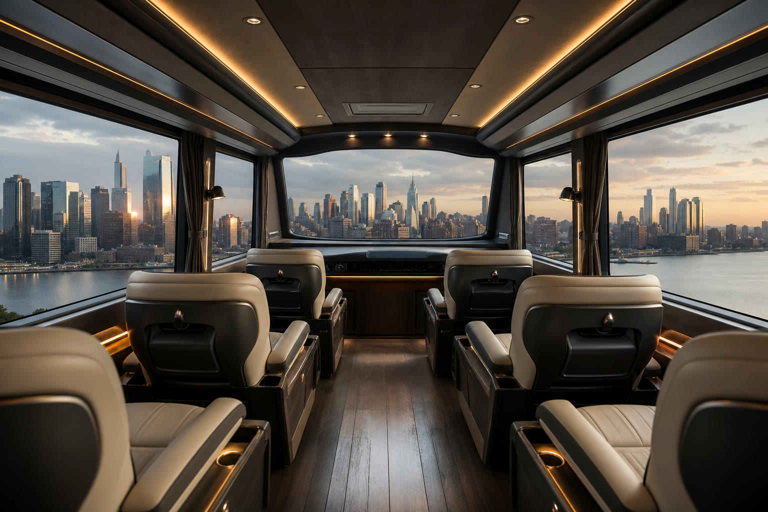 Upper deck seating facing a panoramic city skyline