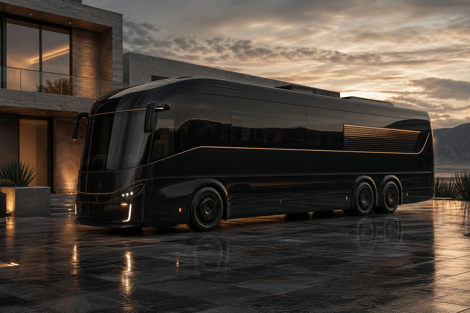 A black luxury coach parked outside modern architecture at dusk