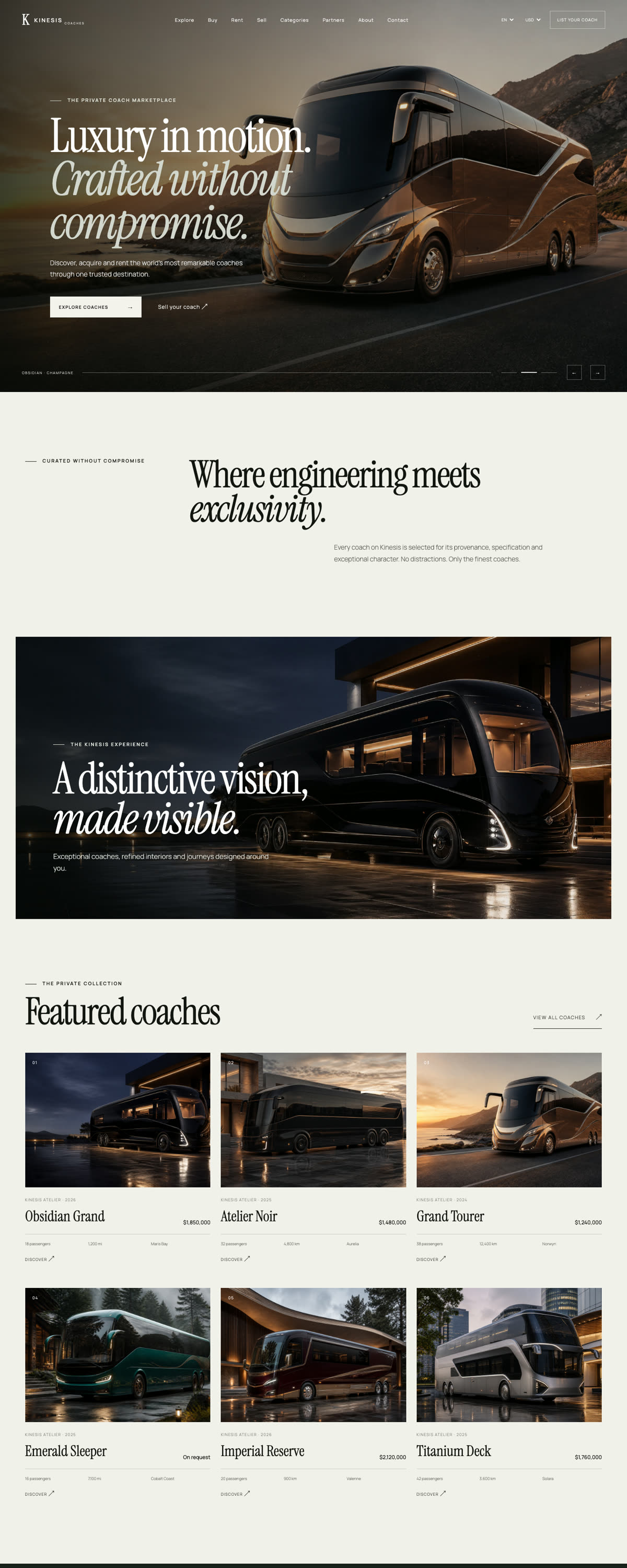 Kinesis Coaches website on desktop, scrolling through the home page