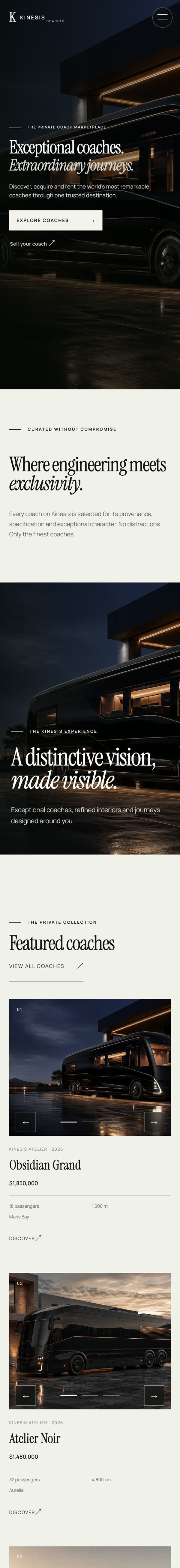 Kinesis Coaches website on a phone, scrolling through the home page