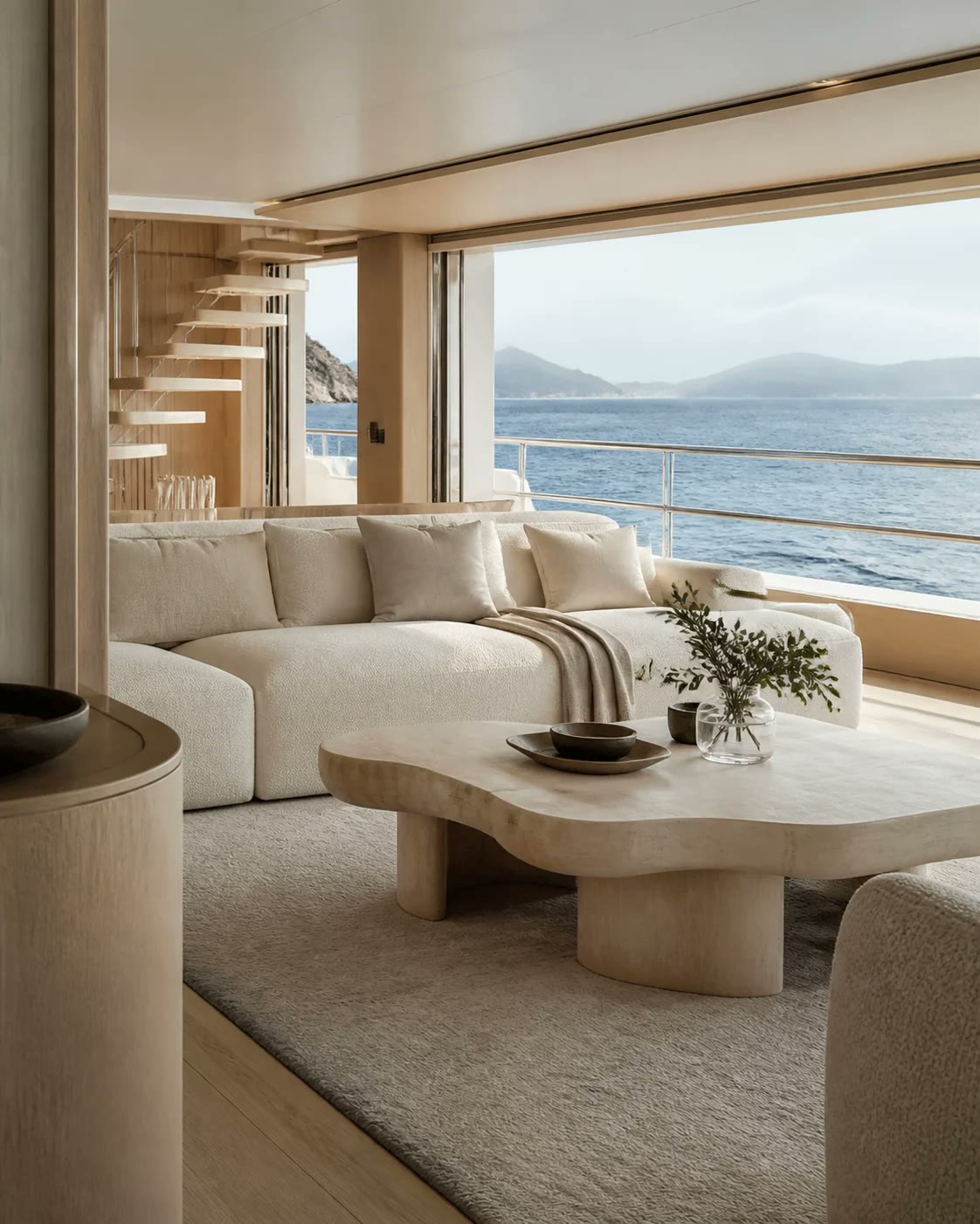Pale main salon with sea views through full-height glass