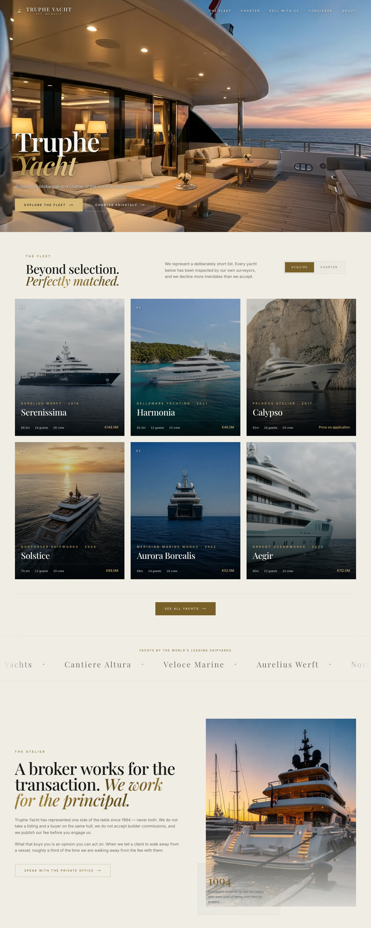Truphe Yacht website on desktop, scrolling through the home page