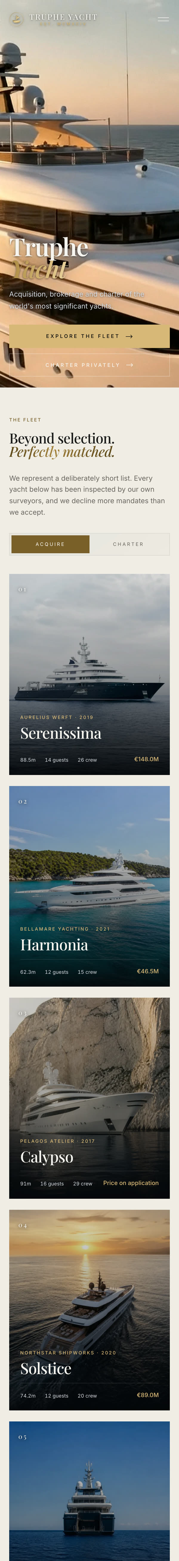 Truphe Yacht website on a phone, scrolling through the home page