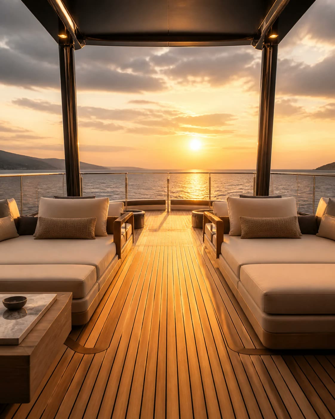Teak sundeck with loungers facing the sunset