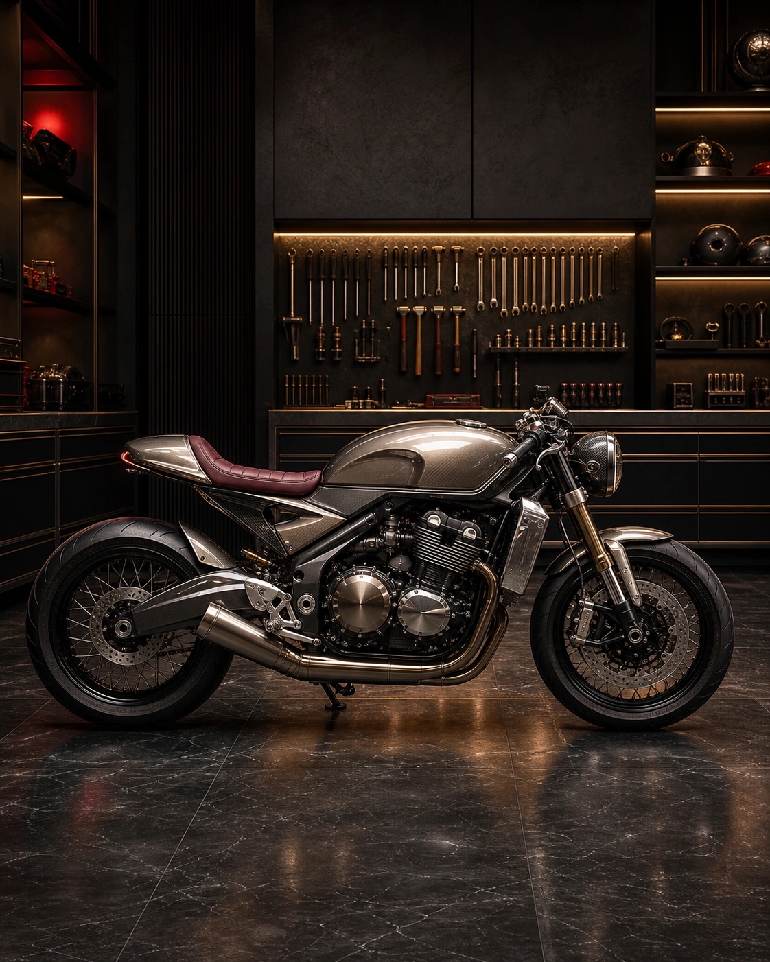 A bronze café racer with a burgundy seat in a dark workshop lined with tools