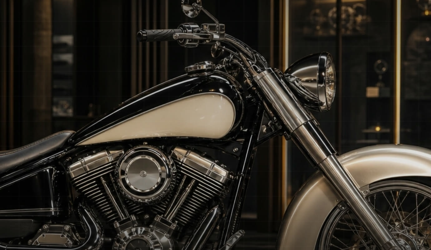 Close detail of a cream and black fuel tank and V-twin engine