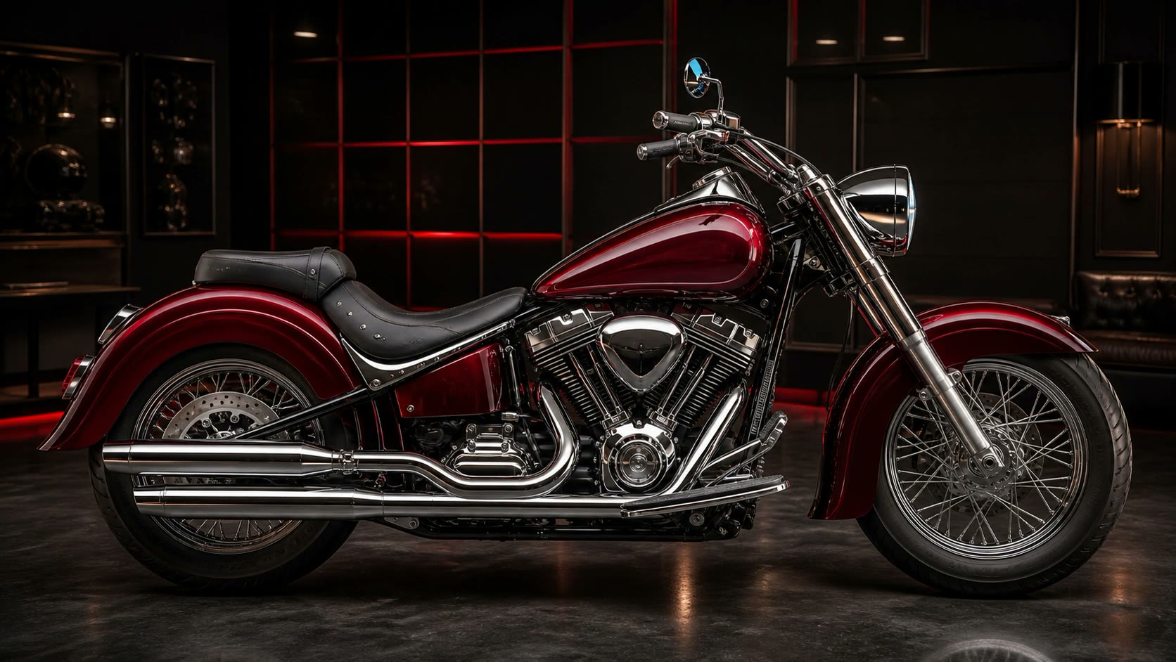 A burgundy and chrome cruiser motorcycle in a dark showroom