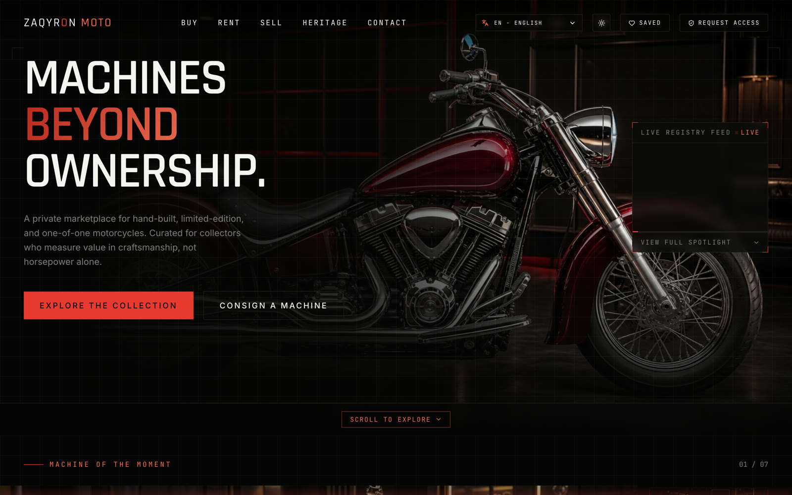 Zaqyron Moto home page on desktop