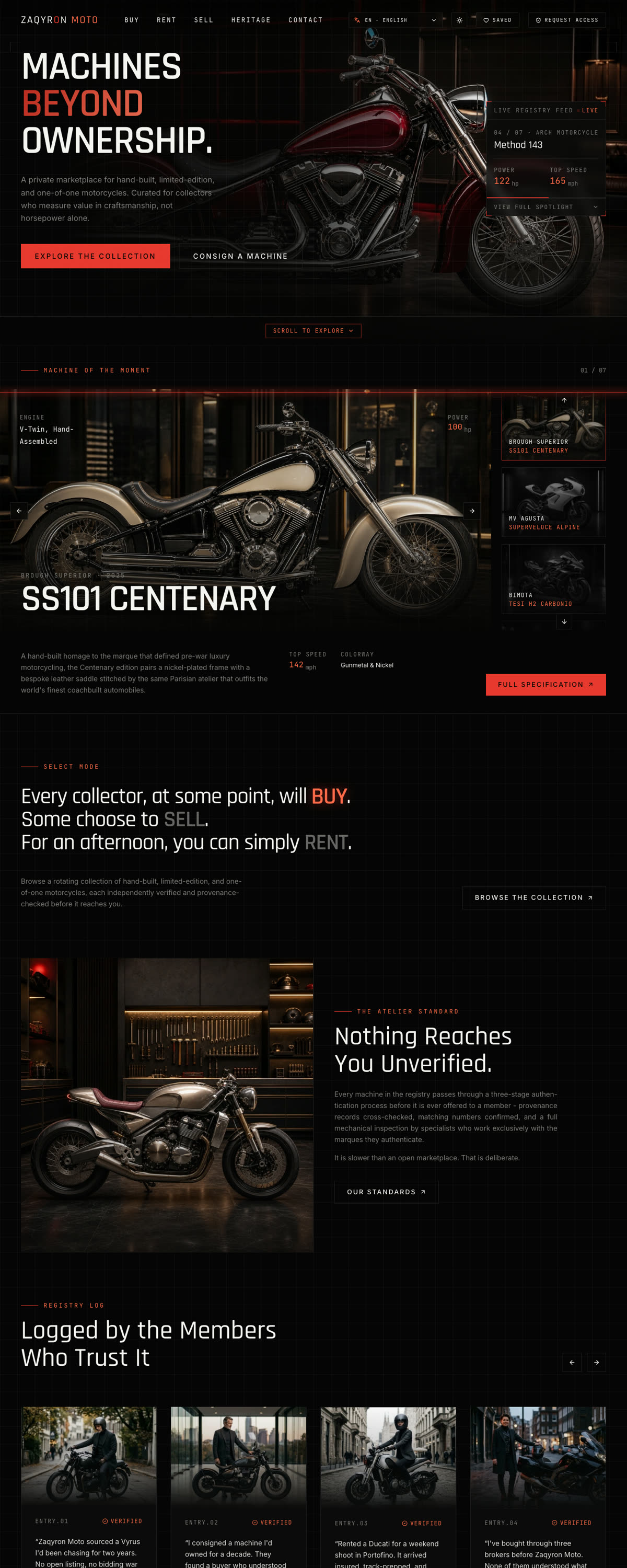 Zaqyron Moto website on desktop, scrolling through the home page