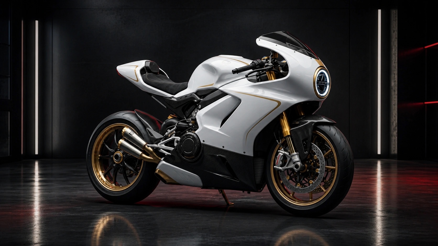 A white and gold sport motorcycle with a round headlamp in a dark studio